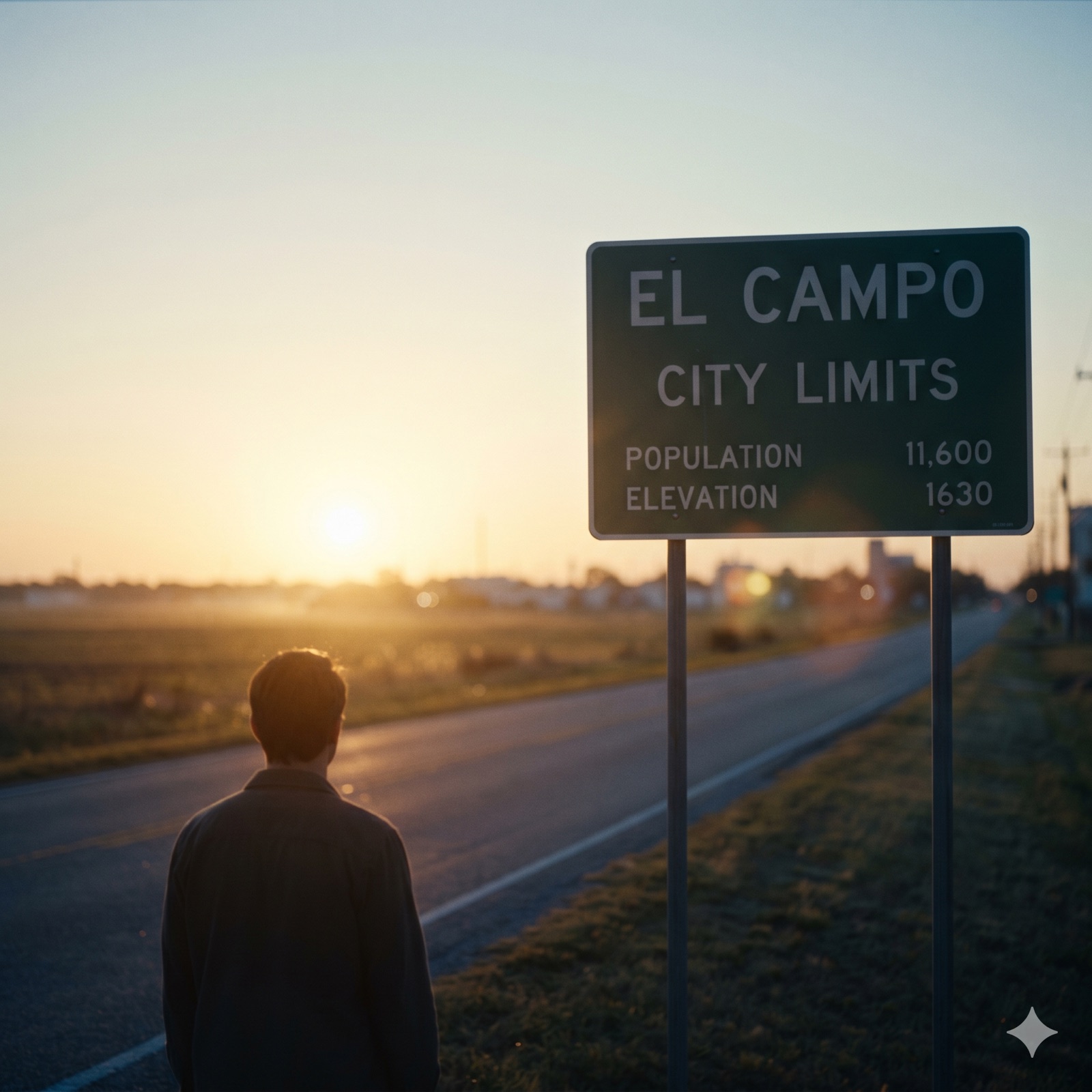 El Campo city limits sign at sunset, Wharton County Texas